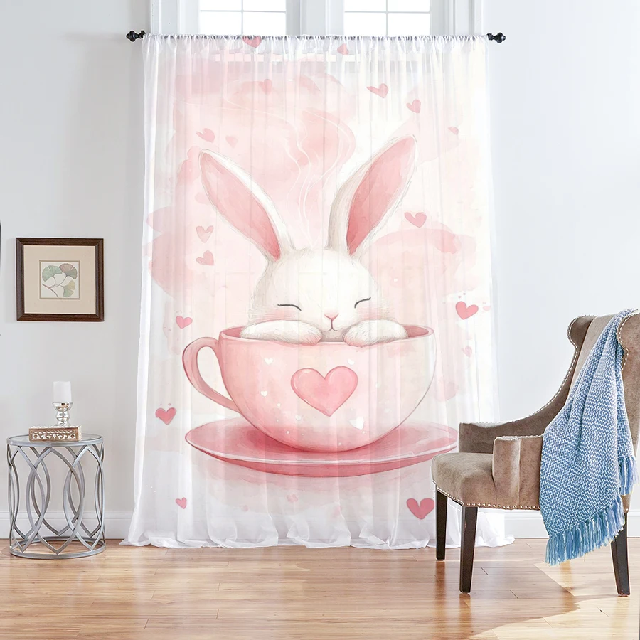 1 x rosa Häschen-Herz-Tasse, transparenter Vorhang, niedlich, romantisch, Fenstervorhang, Lichtfilterung für Schlafzimmer, Wohnzimmer, Heimdekoration