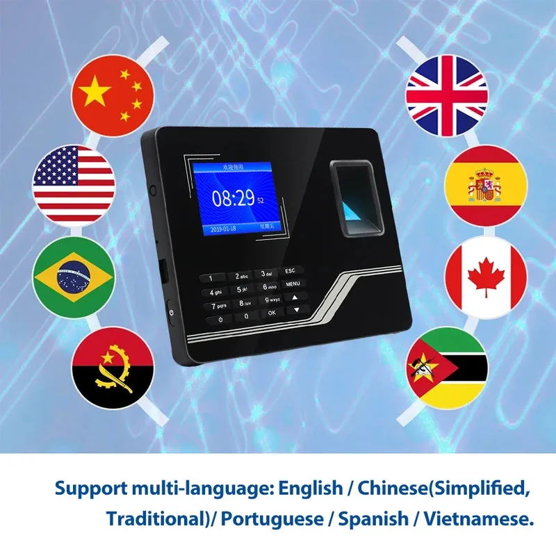 آلة الحضور الوقت الذكية TCP/IP الجديدة مع برنامج مجاني فلاش USB 2.8 بوصة TFT شاشة مسجل بصمات الأصابع