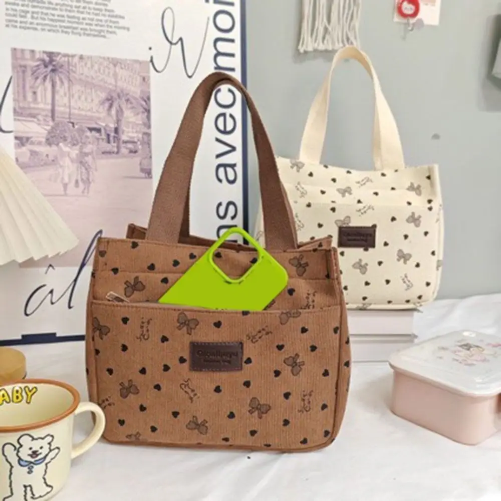 

New Bow Lunch Bag Large Capacity Waterproof Tote Handbag Thickened Corduroy Storage Bag