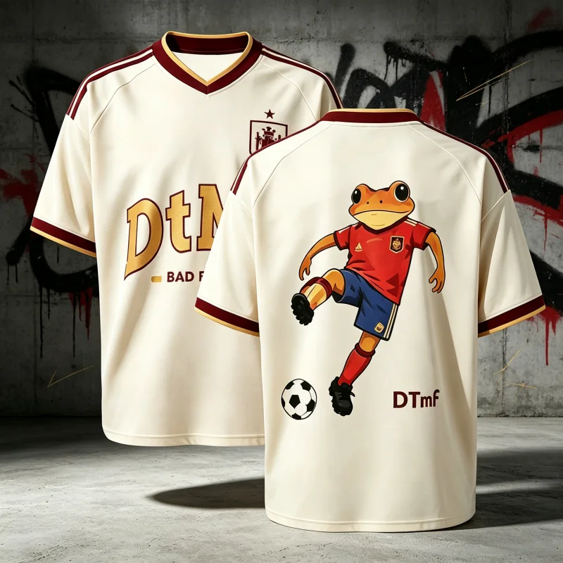 Image of Neues Spanien Fußballtrikot für Herren und Damen Cartoon-Frosch Bad Bunny Inspiriertes Kurzarm-T-Shirt Atmungsaktives Sport-Fan-Oberteil Familien-Kinder-Tees