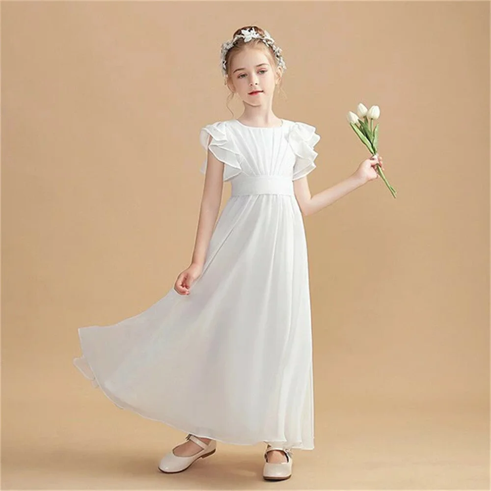 

2025 Simple Flower Girl Dresses A Line Jewel Neck Ruffle Sleeves Junior Bridesmaid Dress Ruched Chiffon Sash Long Formal Wear