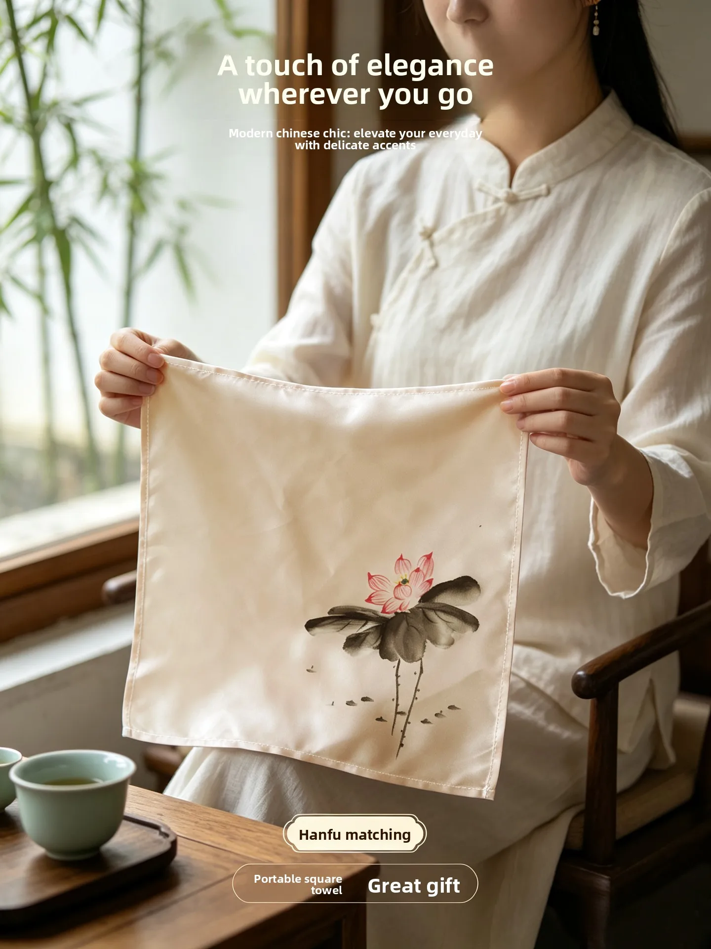 Chinese Style Lucky Auspicious Beige Ink Wash Lotus 100% Acetate Handkerchief Soft Smooth Blessing Gift For Daily Business Use