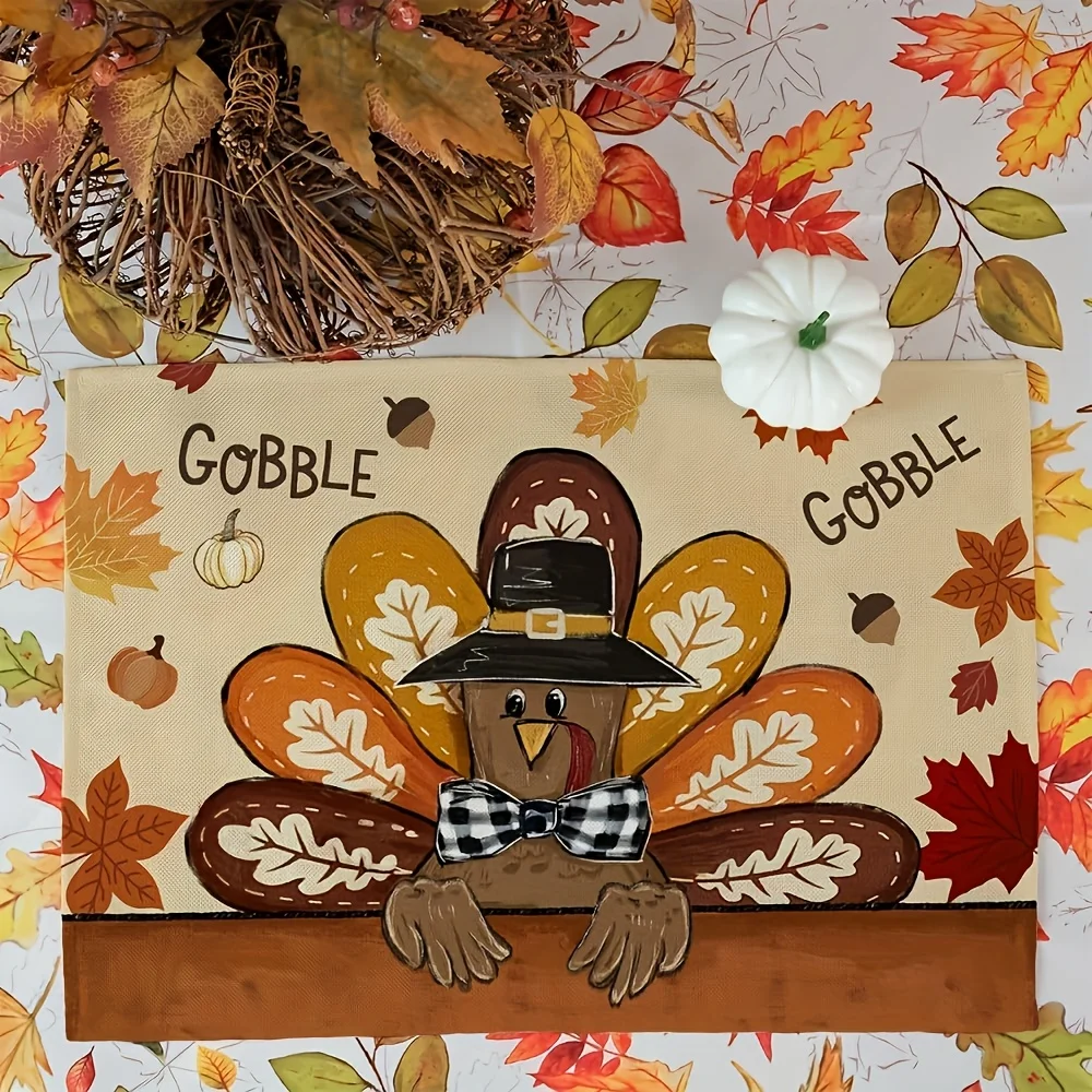 1pcs Autumn Turkey Print Linen Placemat, Durable, Non-Slip & Washable, Farmhouse Style Home Dining Table Mat