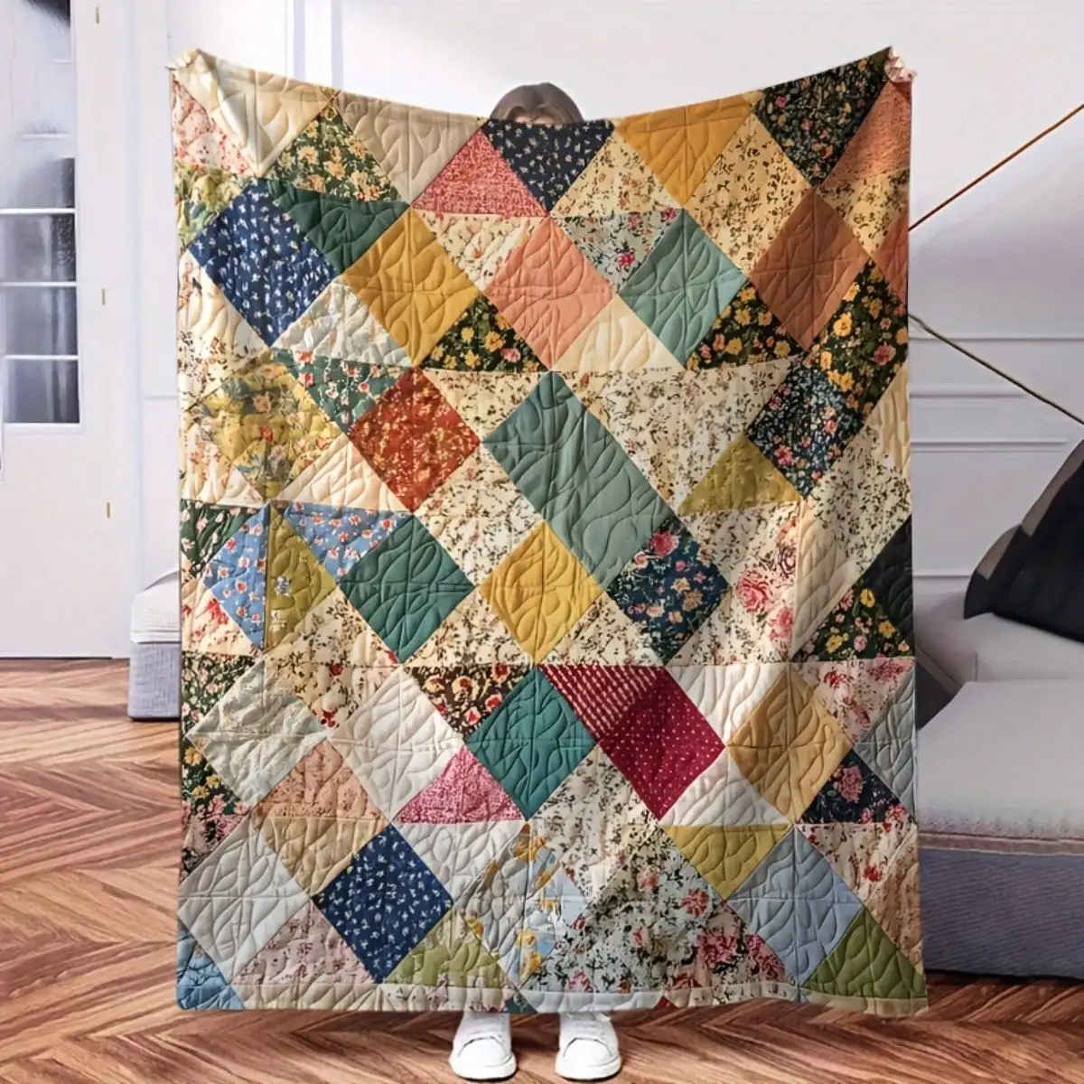 Retro Style Patchwork Pattern Flannel Blankets Throws Sofa Towel Soft Comfortable Throws Blankets Birthday Family Holiday Daily Couple Party Anniversary Wedding Souvenir Halloween Christmas Graduation Season Thanksgiving Bed Sofa