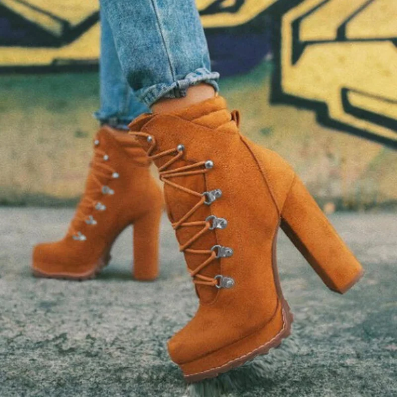 Platform High Heels Boots Women Ankle Boots Suede Woman Shoes Woman High Heels Sexy Motorcycle Boots Lace Up Punk Botas Mujer