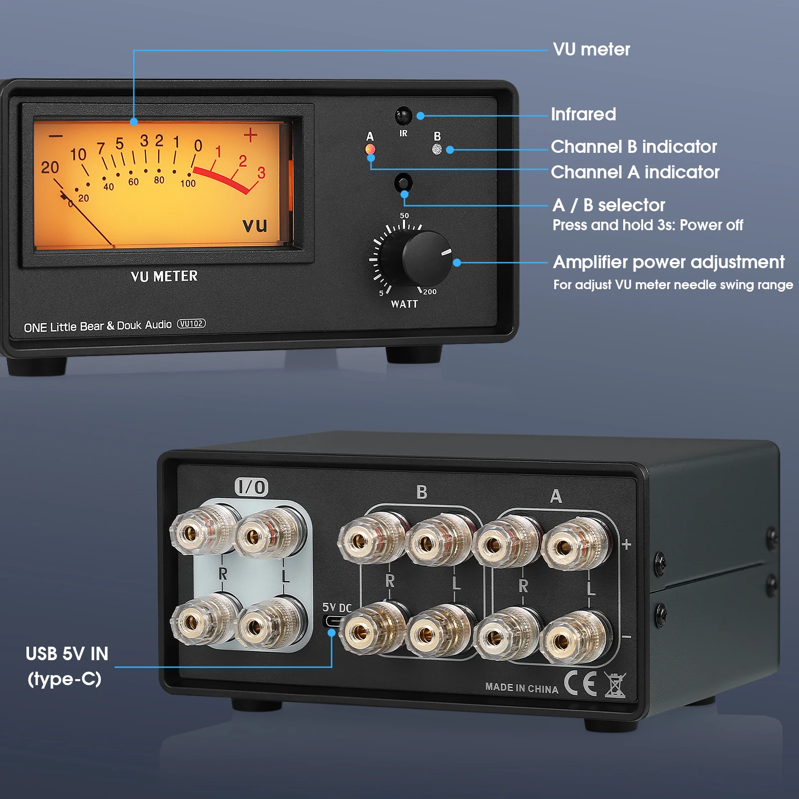 Douk Audio VU102 2-Zone Speaker/Amplifier Audio Switcher 2(1)-IN-1(2)-OUT Splitter with IR Remote & VU Meter