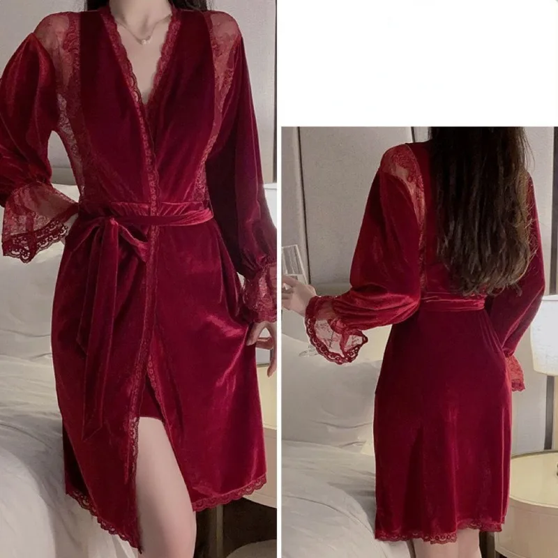 Pijama de terciopelo con almohadilla para el pecho para mujer, camisón de alto grado, Sexy, con escote en V profundo, ropa de casa sin espalda, conjunto de dos piezas, otoño e invierno, nuevo, 2024