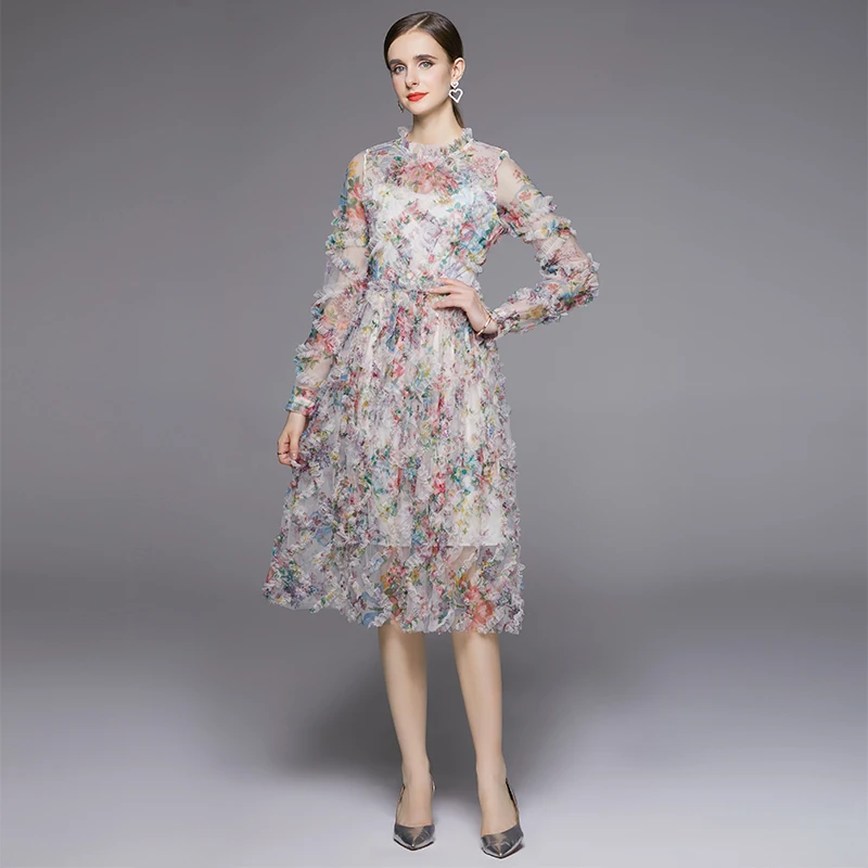 Vestido E de Chiffon com Manga Longa para Outono e Inverno, Saia em Camadas de Cintura Alta, Manga Princesa, Estampa F...