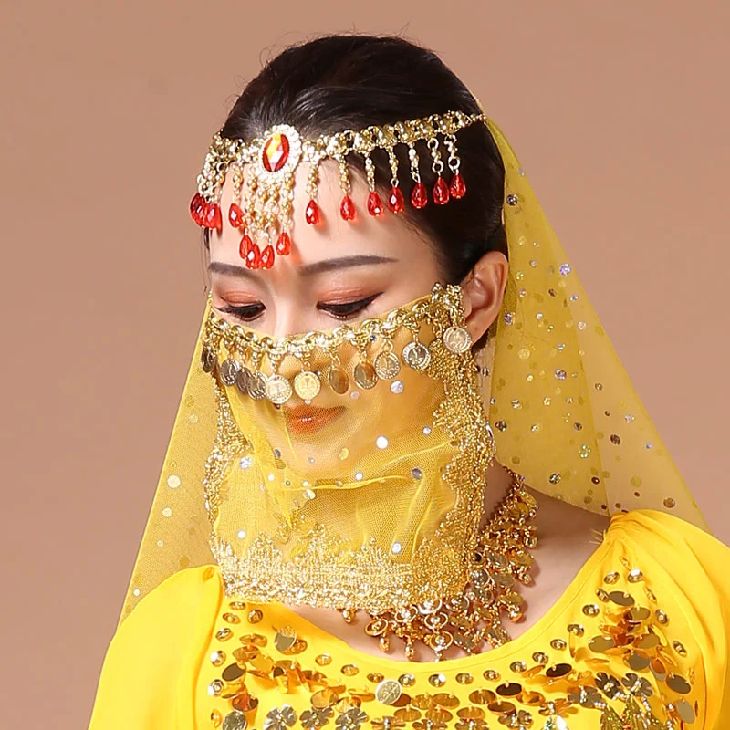 Velo de danza del vientre, accesorios de máscara de baile indio misterioso, tocado de baile, Centro de cejas de rendimiento de Xinjiang