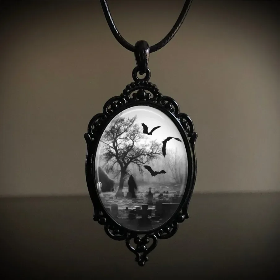 Vintage Gothic Grave Man Woman Necklace Dark Raven Graveyard Wizard Pendant Mystery Horror Halloween Gift Jewelry Chain Choker