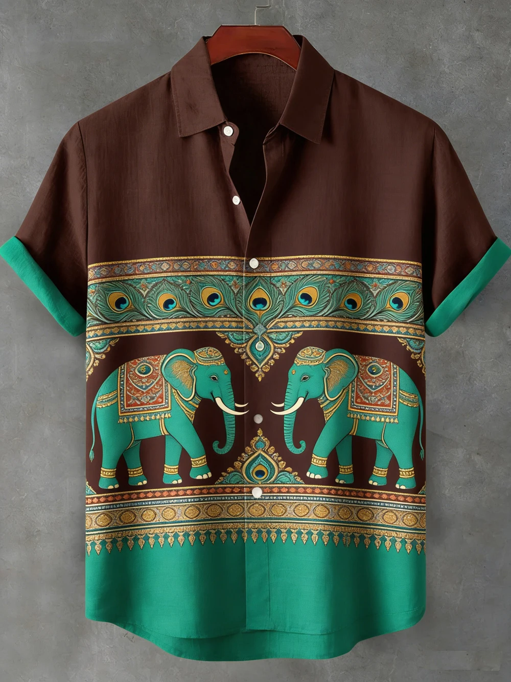 Herren Frühling Neuheit Ethno-Leinen Kurzarmhemd Elefant Pfau 3D HD-Druck Hemd Hawaiian Urlaub Freizeit Herrenbekleidung