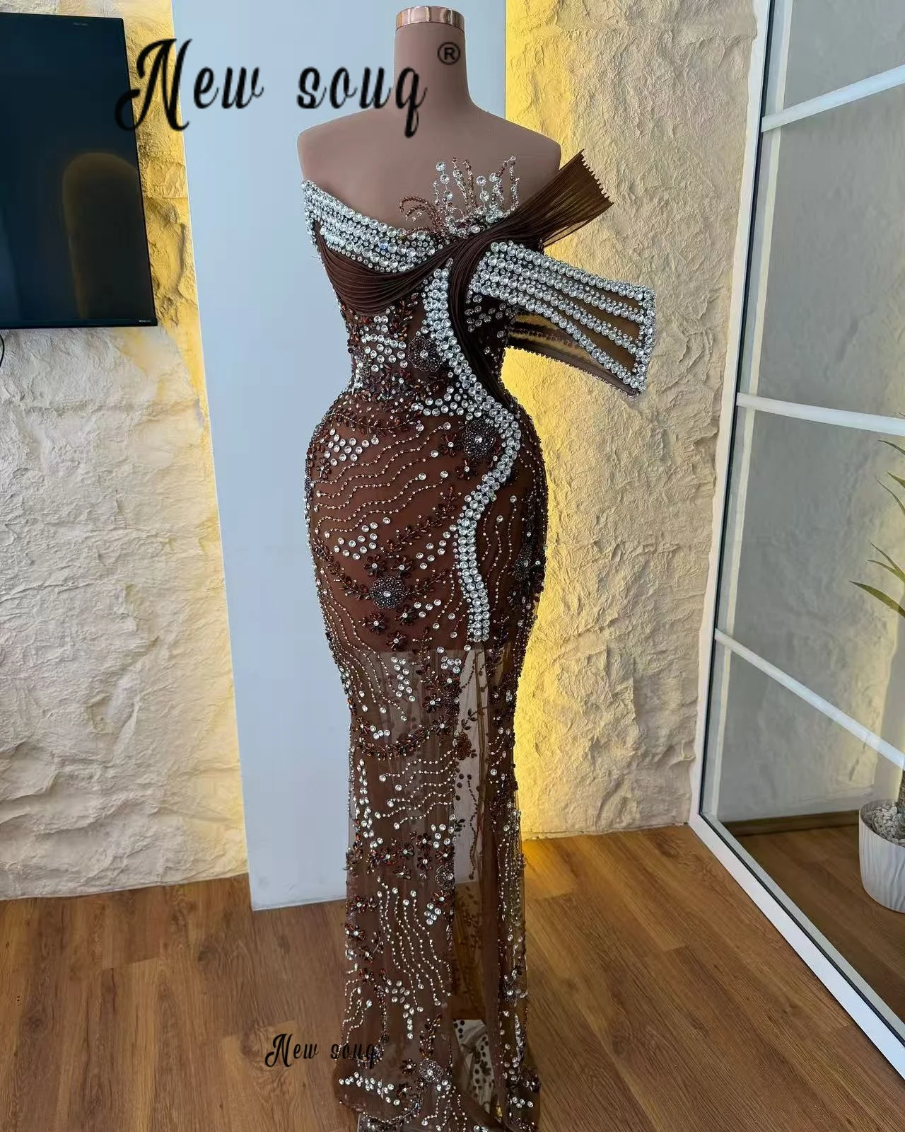 Brown One Shoulder Luxury Prom Dresses Beaded Lace Long Sheath Dress Ladies Wedding Guest Gowns Dubai Birthday Party Customized view 2