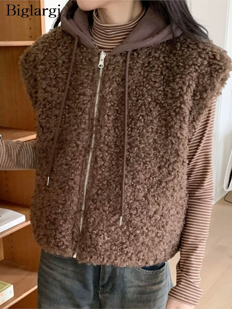 

Двусторонние зимние стеганые хлопковые лоскутные жилеты без рукавов из овечьей шерсти, пальто, женские модные женские куртки, корейские женские пальто с капюшоном