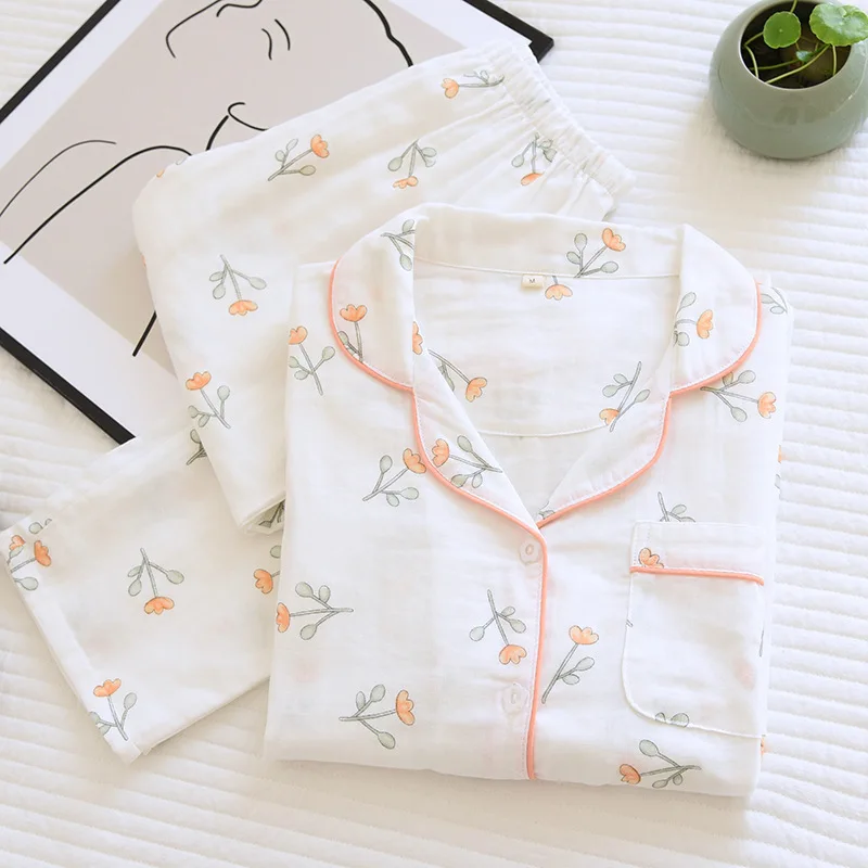 Women's Pajamas Set for Spring Summer Thin Floral Printed Cotton Long-sleeved Home Wear Clothes for Women