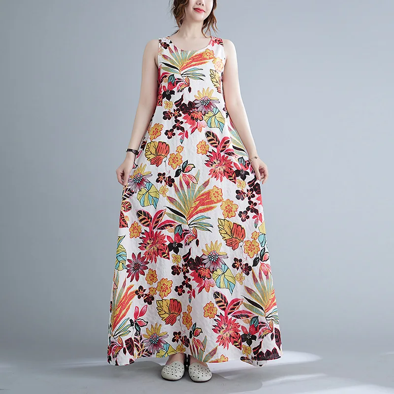 Estate nuove donne vintage allentate stampate senza maniche in cotone e canapa abito moda donna canotta abiti con cinturino maxi abiti