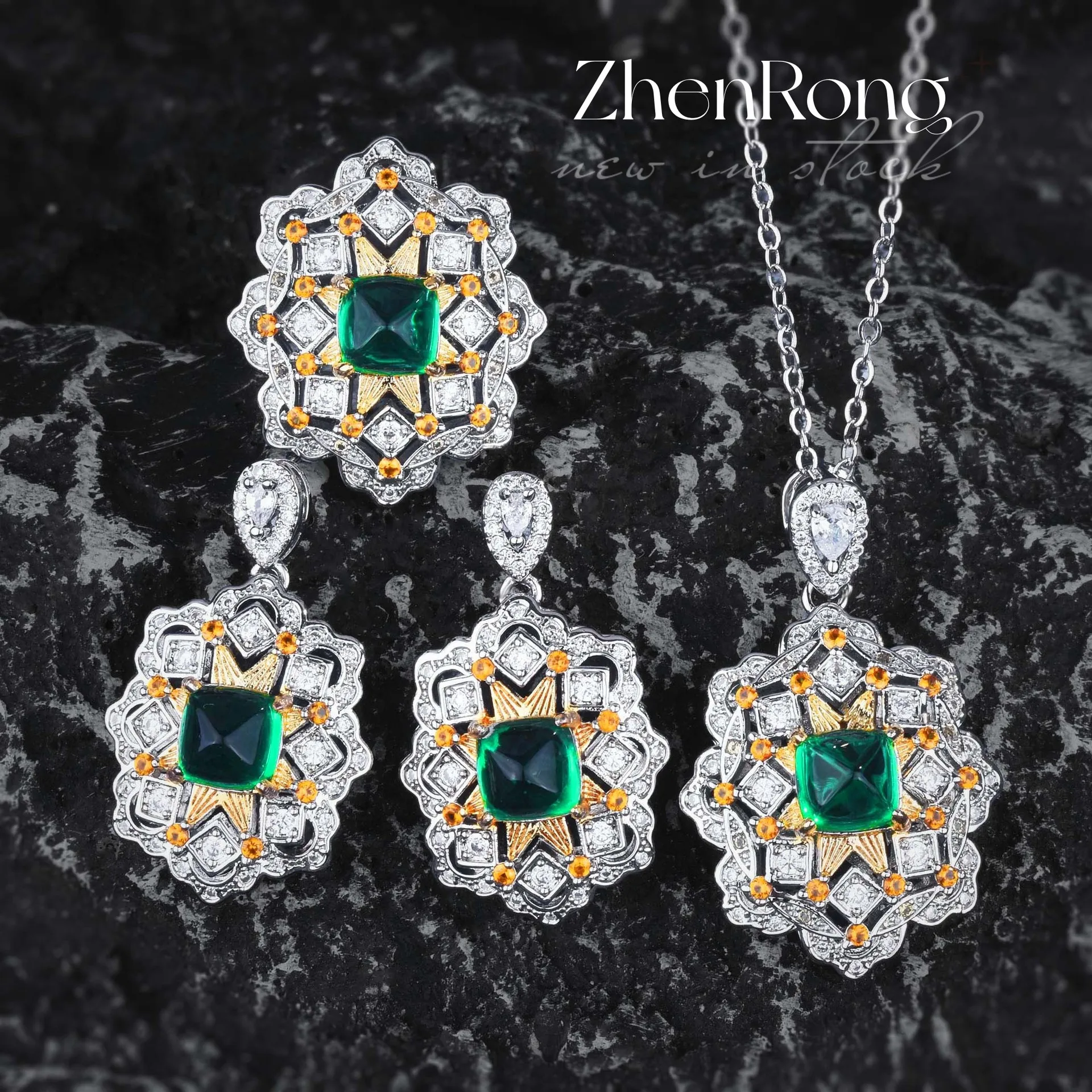 Foydjew Retro Court Style Lace Hollow Out Simulation Emerald Jewelry Sets Pendant Necklaces Rings Green Crystal Drop Earrings