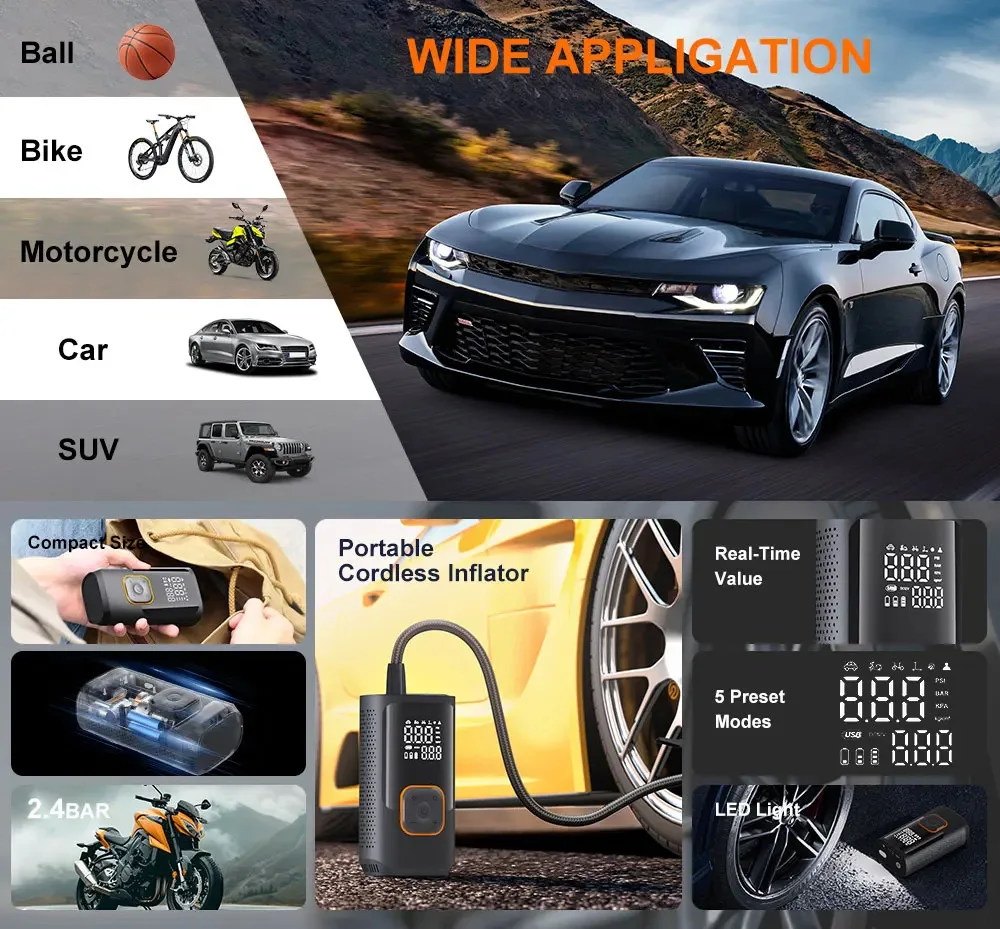 150Psi Portable Electric Air Pump, Electric Balloon Inflator, Wireless Air Pump, High-Performance Wireless Inflator with Led Digital Display, Can Be Charged by Mobile Phone, Led Lighting, with Multi-Function Nozzle, Can Be Used for Car, Motorcycle, Bicycle Wheels, Basketball, Football, Volleyball, Swimming Rings, Etc., Car Accessories, Motorcycle Accessories, Bicycle Accessories, Ultra-Long Standby Air Compressor Can Replace the Hydraulic Pump for Inflating.