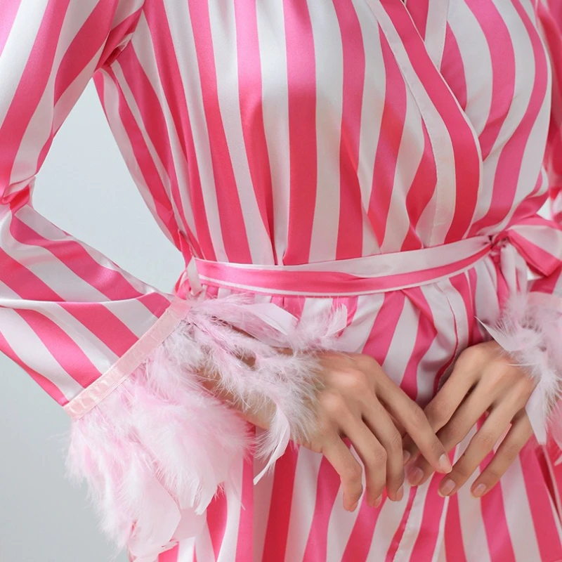 Krismile Pink Striped Women's Pajama Sets 2025 Spring Autumn Lace Up Waist Top Feathered-hem Pant Ladies Elegant Leisure Suit