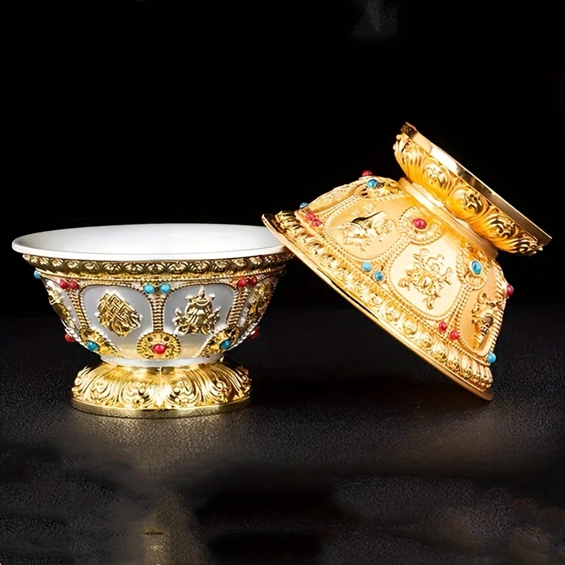 Engraved Gilt Bowl Inlaid Gem Zinc Alloy Auspicious Tibetan Tribute Holy Water Cup Buddhist 9.2 cm Bowl Home\'s Gift Altars Deskt