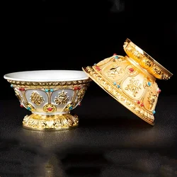 Engraved Gilt Bowl Inlaid Gem Zinc Alloy Auspicious Tibetan Tribute Holy Water Cup Buddhist 9.2 cm Bowl Home's Gift Altars Deskt