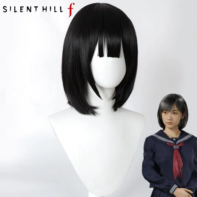 게임 사일런트 힐 F ‌ 시미즈 히나코 ‌   성인 코스프레 가발 짧은 검은 머리 내열성 합성 가발 할로윈 카니발 소품