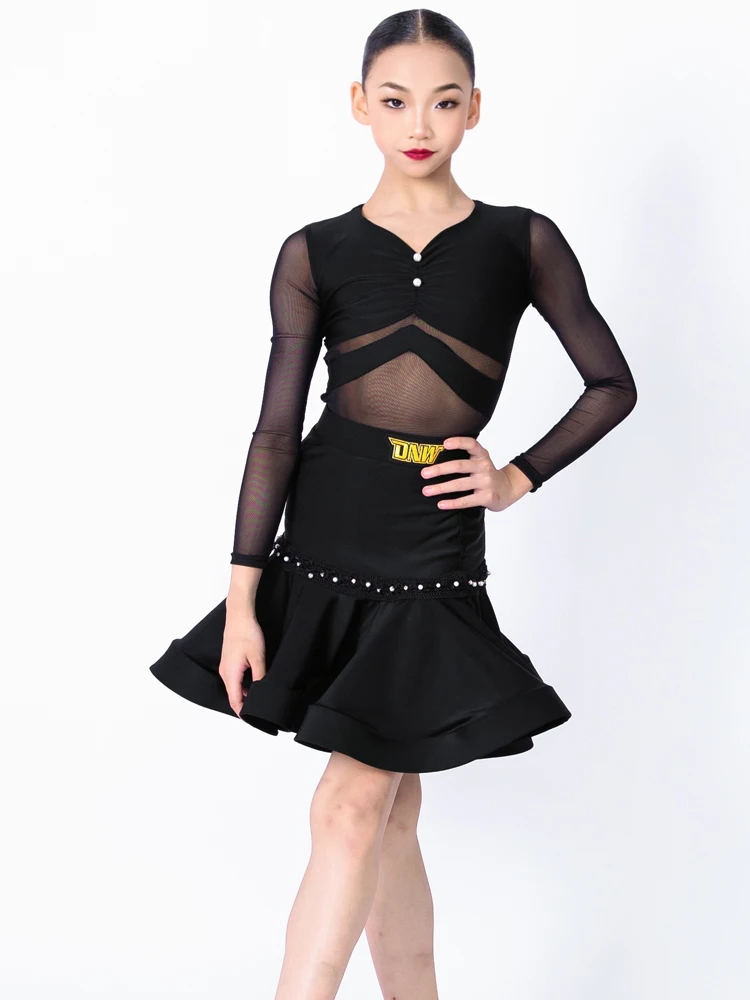 dnw-new-children's-latin-dance-outfit-long-sleeve-mesh-splice-skirt-performance-suit-v-neck-short-skirt-detachable-chest-pad
