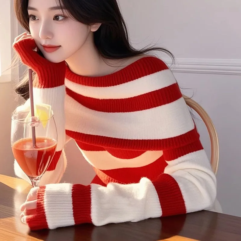 

Women's Christmas Knit Sweater Red Striped Off-Shoulder Long Sleeve Pullover Chic Knitwear Top for Autumn 2025