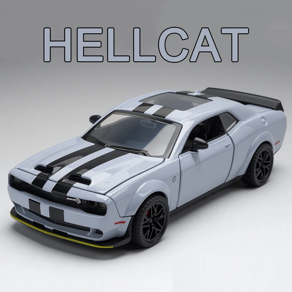 

1:32 Dodge Challenger SRT Hellcat Cars, модели из сплава, литые под давлением игрушки, 4 двери, открытый миниатюрный автомобиль, свет, звук, автомобиль, праздничные подарки