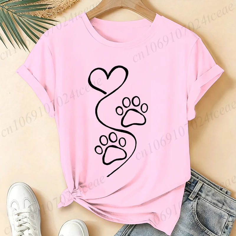 Women Love Heart Dog Paw Print T Shirt Minimalist Pet Lover Graphic Tee Shirts Short Sleeve Casual Tops Stylish Women's T-Shirts