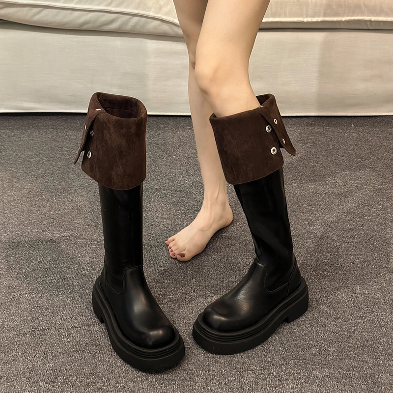 النساء الفاخرة فوق حذاء برقبة للركبة منصة عالية الكعب أحذية فاسق الجلود تشيلسي أحذية شتاء 2025 الاتجاه الجديد مضخات الأحذية #5