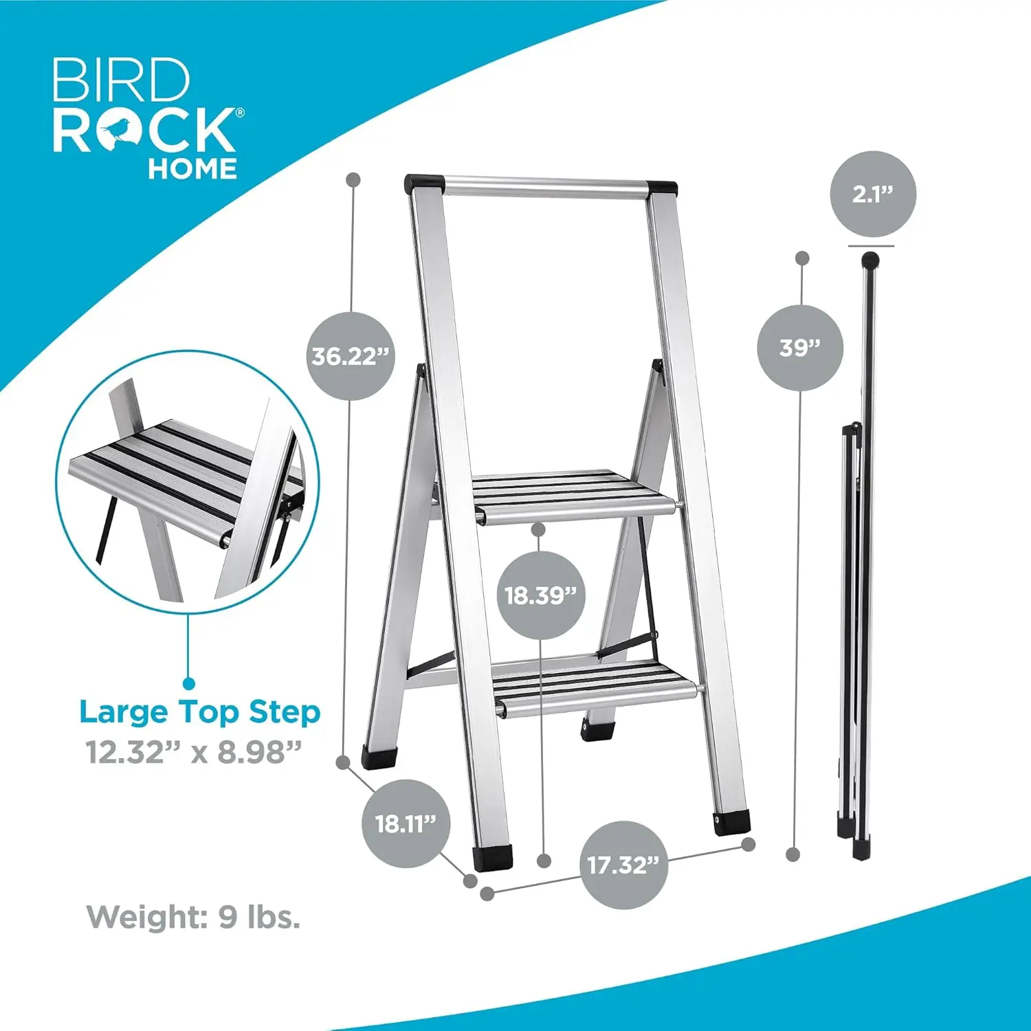 Escalera de 2 escalones |   Taburete plegable antideslizante, capacidad de 250 lb |   Diseño ligero, delgado y resistente para el hogar, la cocina, el garaje