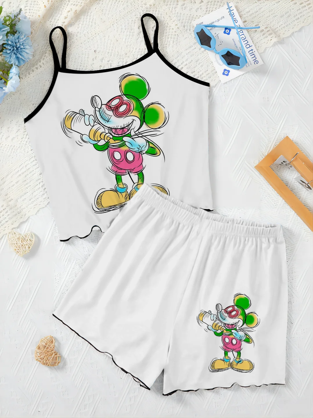 Damen anzug Home Kleid Top Mickey Minnie Maus T-Shirt Pyjama Rock Salat Trim Disney Short Sets Stücke elegante Disney Mickey