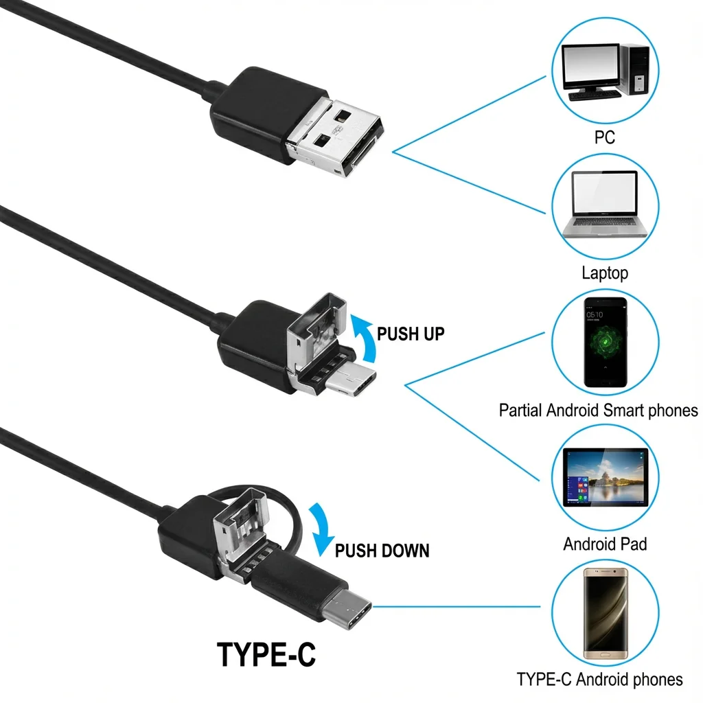 HD 5.5mm Android Endoscope Camera 3 in 1 Type C Micro USB IP67 Waterproof Sewer Pipe Inspection Mini Borescope for Car