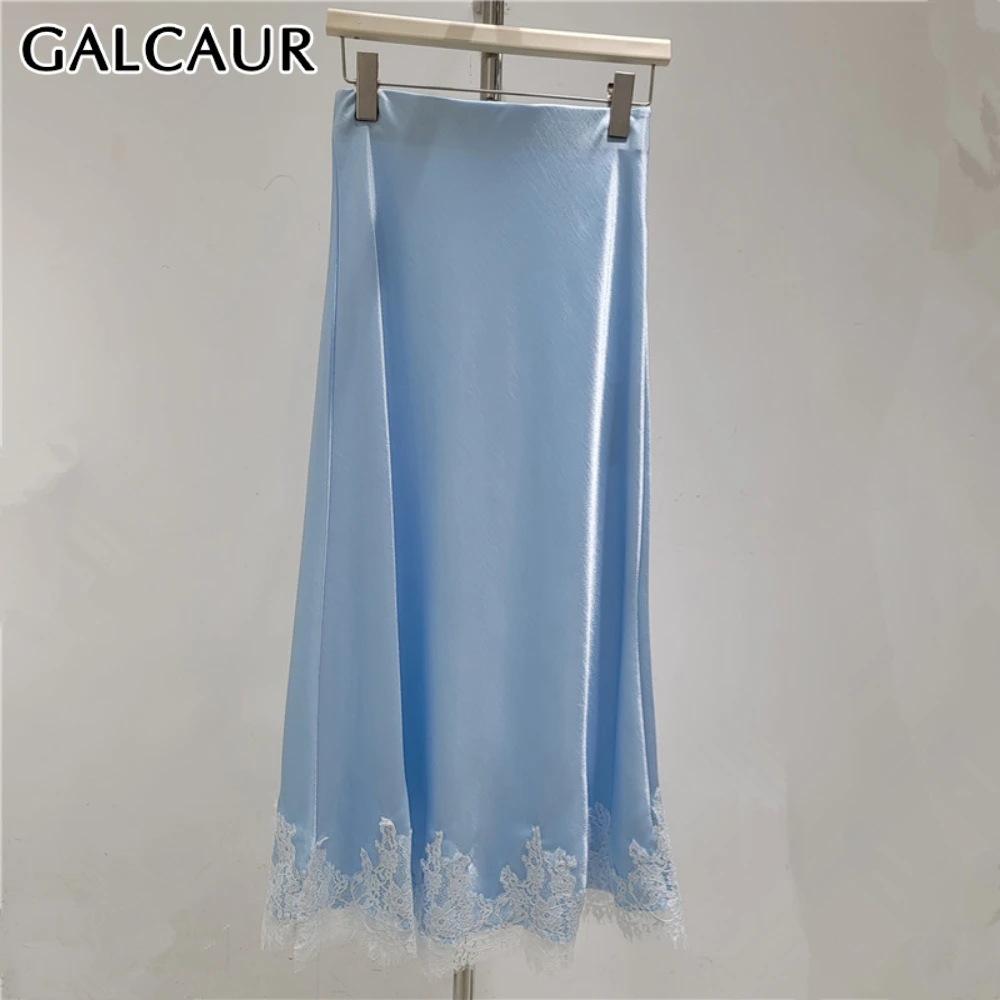 

GALCAUR Solid Slimming Fashion Midi Skirts for Women High Waist Patchwork Lace Temperament Skirt Female Elegant Clothing Style