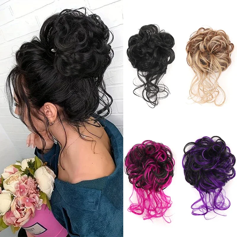 10nch Synthetische Rommelige Haarknot Haarstuk Donut Krullend Chignon Hair Extensions Band Elastische Scrunchie Haarstuk Voor Vrouwen