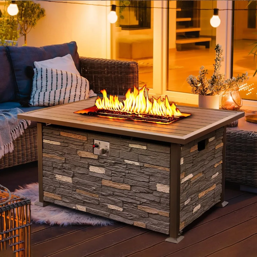 48 INCH Propane Fire Pit Outdoor w/Faux Ledgestone Base, 50,000 BTU Gas Fire Pit Table w/Aluminum Table Top, for Patio