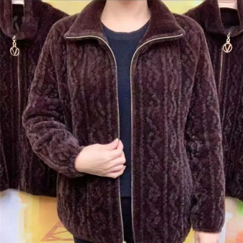 Cappotto di velluto di visone imitazione madre anziana di mezza età autunno inverno addensare Cardigan lavorato a maglia maglione donna giacca