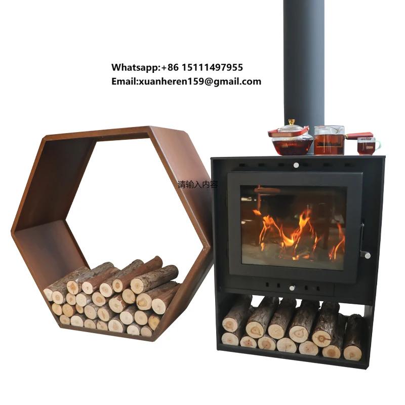 Freestanding Outdoor Corten Steel Stove with Firewood Storage Cube-shaped Terrace Stove Mobile Outdoor Corten Steel Fireplace
