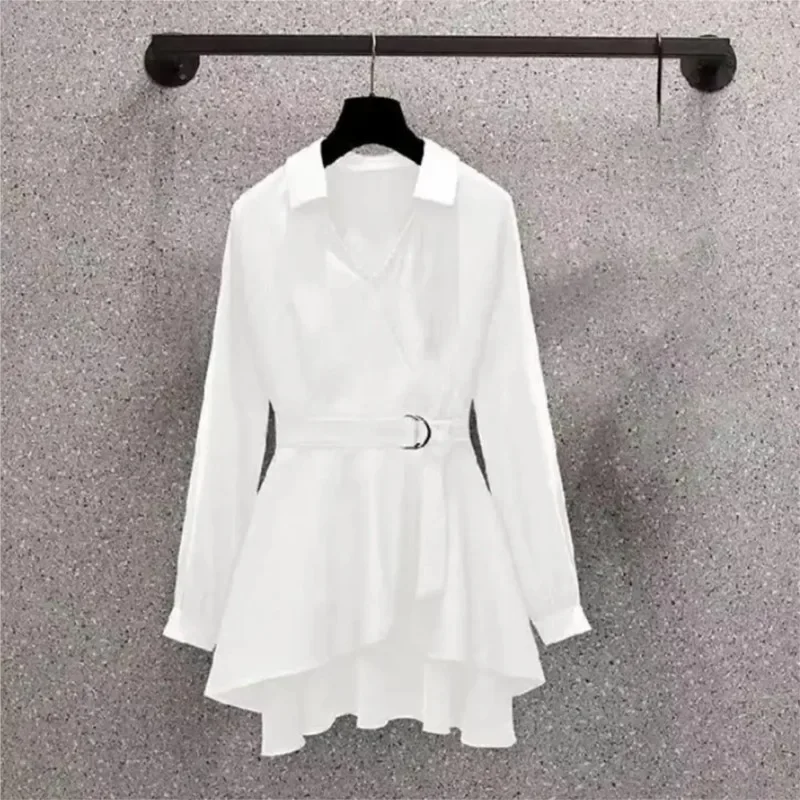 Spring Elegant V Neck Black White Shirt Long Sleeve Irregular Hem Women Shirt Waist Tight Adjustable Belt Pullover Shirt Top