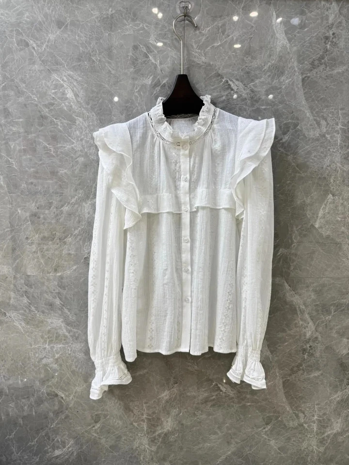 2024 Spring Summer New Women High Quality Hollow Long Sleeve Ruffles Shirt Blouse 2 Color for Ladies