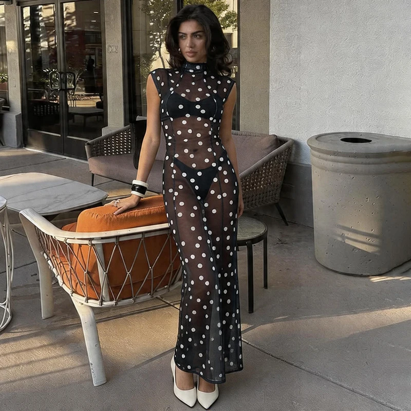 Tornova Retro Polka Dot Print Transparentes Kleid Damen Sexy Schlitz Ärmelloses Langes Kleid Elegantes Sommer-Strandkleid Sommer Neu