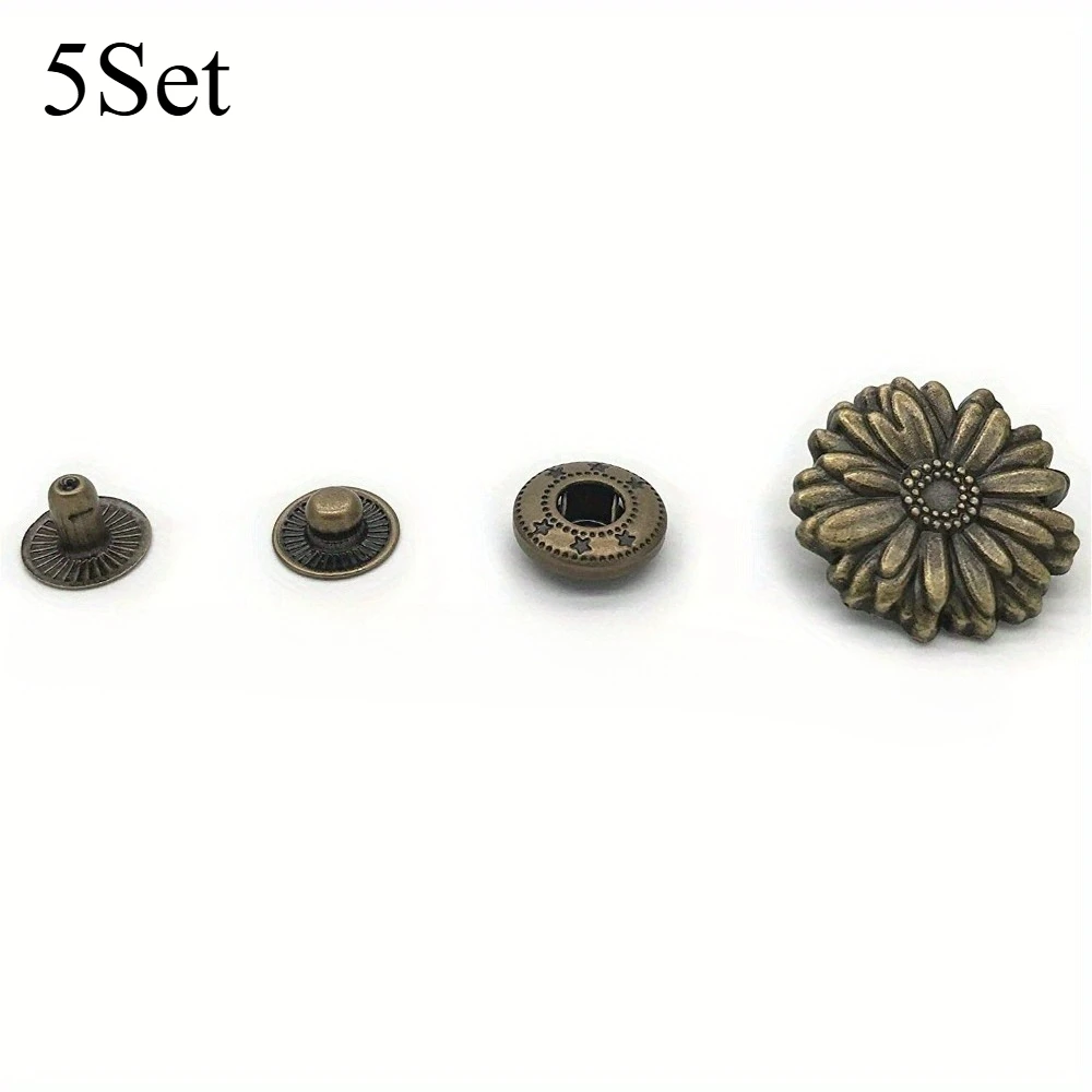 Vintage Bronze Metal Snap Buttons Featuring Chrysanthemum Designs, Ideal For Leather Projects Like Jackets, Complete With Caps,