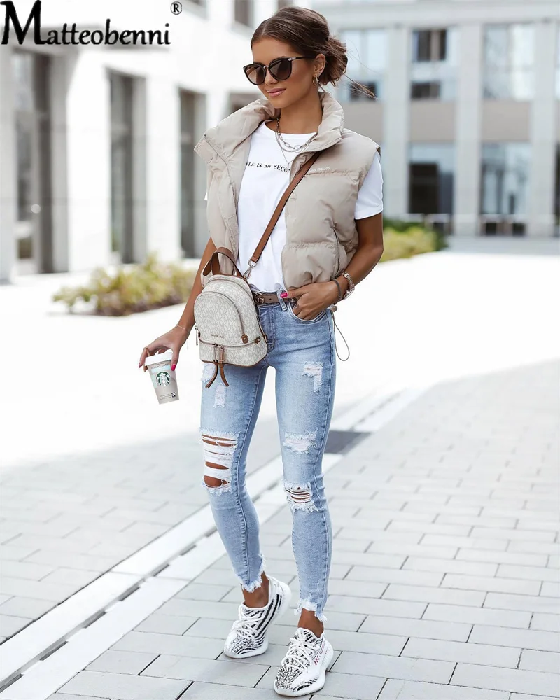 Summer 2022 Ripped Light Blue Jeans Women\'s Slim Knee Cut Hole Length Casual Pencil Pants Retro Jeans