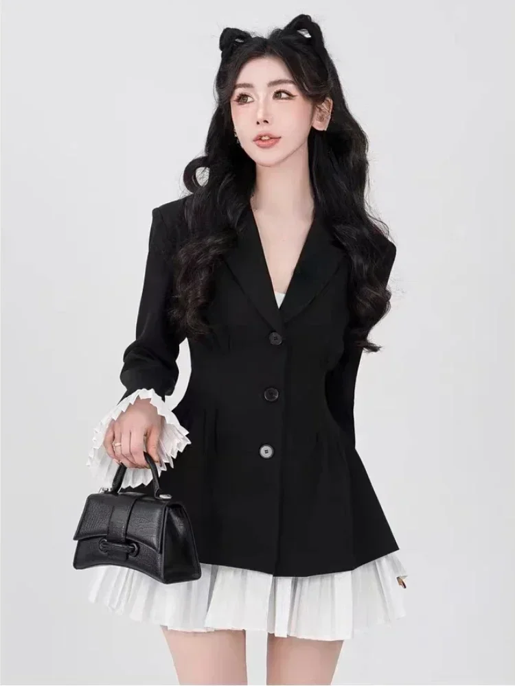 2023 Autumn Women Formal Blazer Lapel Collar Office Lady Korean Patchwork Contrast Color Outerwear Single Breasted Suit Jacket