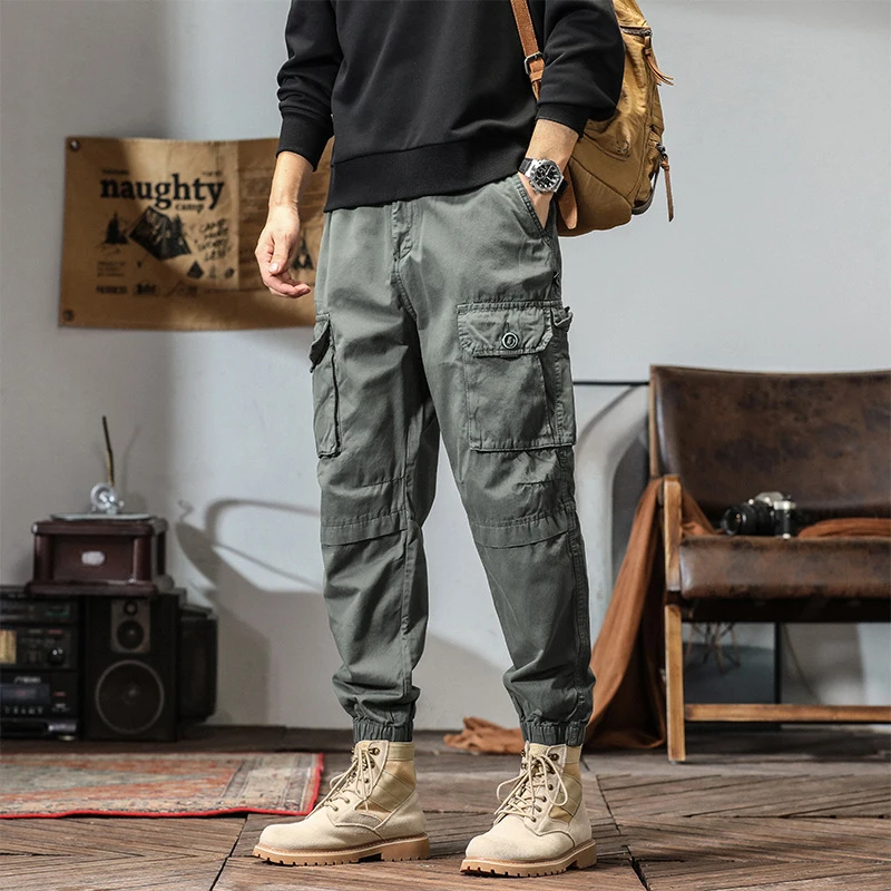 

Men's Casual Ankle Pants Pure Cotton Wear-Resistant Solid Color Slimming Autumn Winter Commuting Work Trousers Multi-Pocket