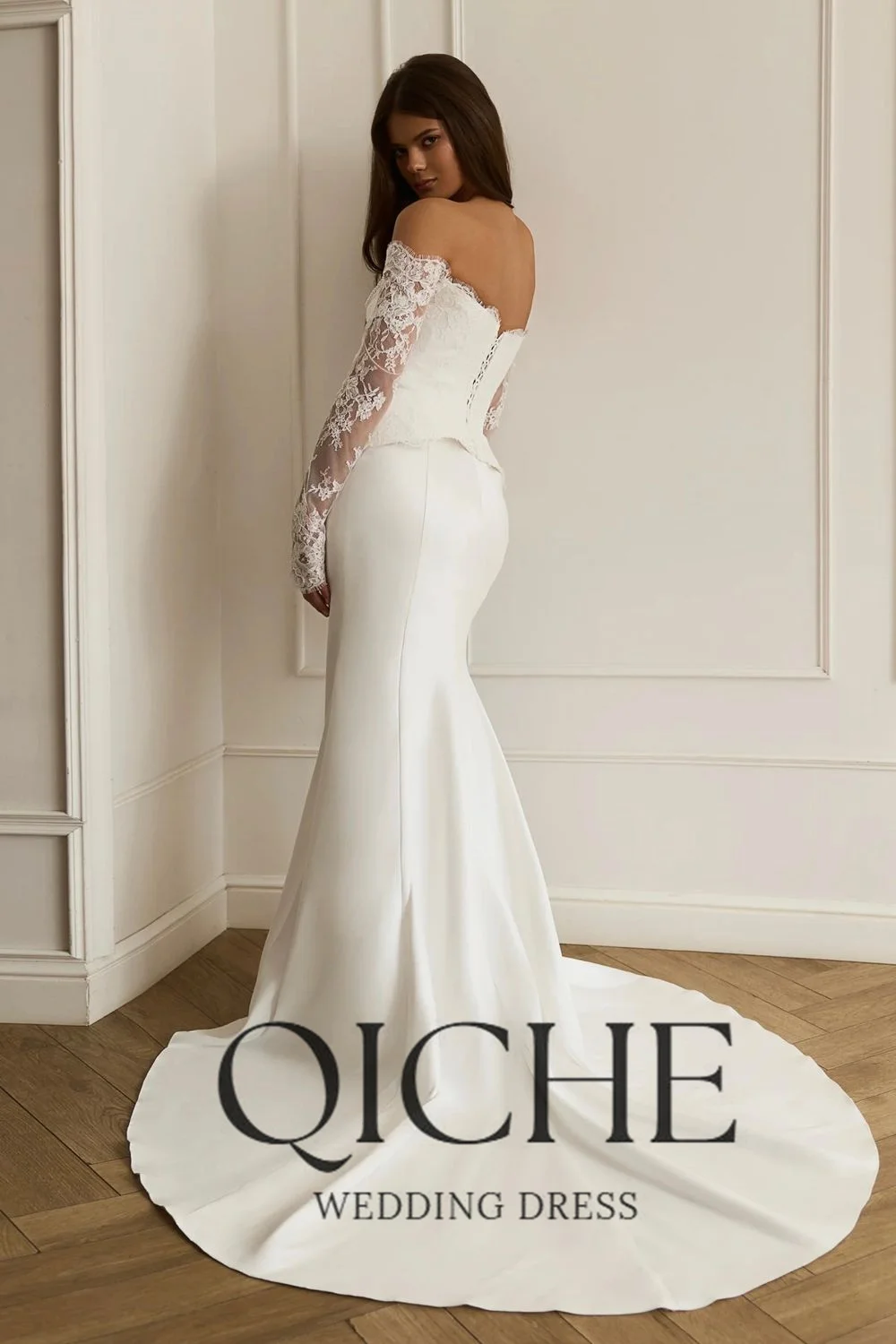 QICHE Elegant Lace Long Sleeves Mermaid Wedding Dress Off The Shoulder Strapless Bridal Party Gowns Customized Vestidos De Novia
