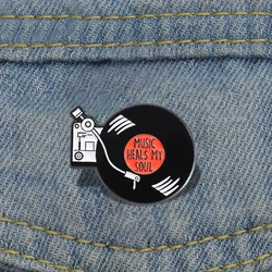 Retro Music Records Enamel Pins Custom MUSIC HEALS MY SOUL Brooches Lapel Badges Funny Jewelry Gift for Kids Friends