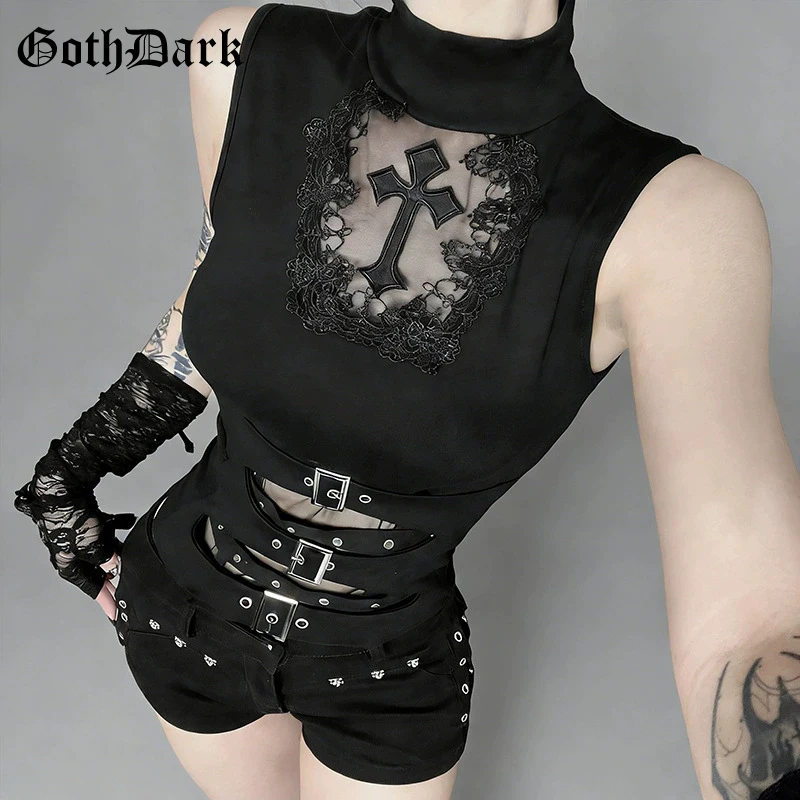 

Goth Dark Mesh Pathwork Slim Tanks Top Mall Gothic Cross Sleeveless T-shirts Women Punk Sheer Alternative Tops Chic Streetwear