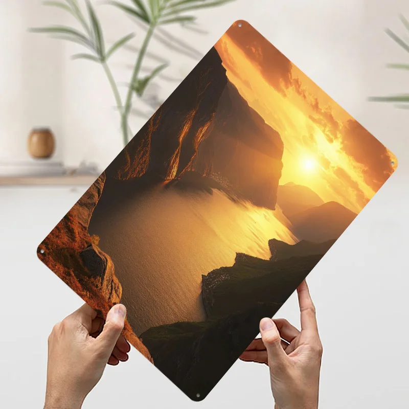 ملحقات شريط ملصق معدني للمناظر الطبيعية من Sunset Fjord لديكور المنزل، علامات قصدير معدنية قابلة للتخصيص لتزيين جدران الفن القديم