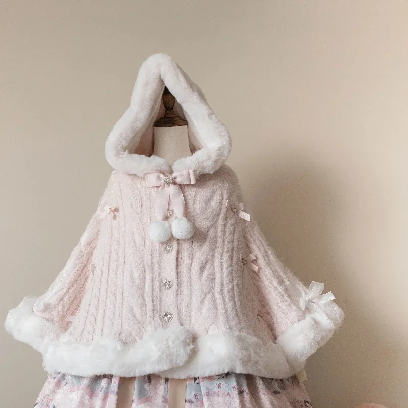 Original Lolita White Hooded Cloak Autumn and Winter Women's Sweet Cute Bow Warm Thickened Short Jacket Girls Y2K Capes Ponchos